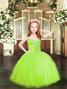 Sweet Yellow Green Lace Up Spaghetti Straps Beading Pageant Dress Womens Tulle Sleeveless