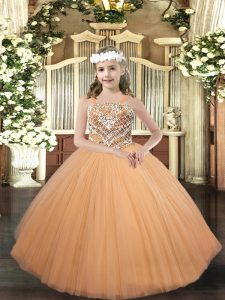 Peach Lace Up Straps Beading Child Pageant Dress Tulle Sleeveless