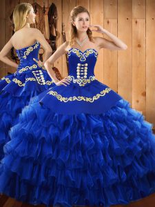 Admirable Blue Sweetheart Lace Up Embroidery and Ruffled Layers Sweet 16 Dress Sleeveless