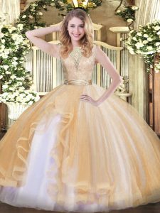Sleeveless Organza Floor Length Backless Sweet 16 Dresses in Champagne with Lace and Ruffles