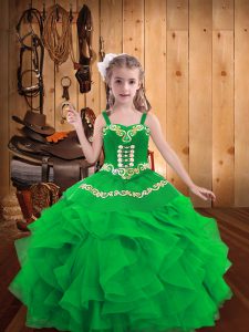 Excellent Sleeveless Floor Length Embroidery and Ruffles Lace Up Little Girl Pageant Gowns with Green