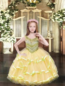 Sleeveless Organza Floor Length Lace Up Little Girls Pageant Gowns in Gold with Beading and Ruffled Layers