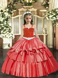 Coral Red Ball Gowns Organza Straps Sleeveless Appliques and Ruffled Layers Floor Length Lace Up Kids Formal Wear