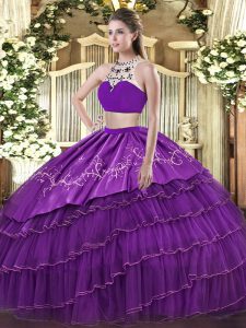 Purple Sleeveless Tulle Backless Quince Ball Gowns for Military Ball and Sweet 16 and Quinceanera