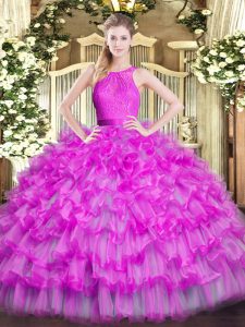 Fashion Fuchsia Sleeveless Organza Zipper Quinceanera Gowns for Military Ball and Sweet 16 and Quinceanera