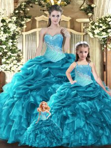 Wonderful Teal Ball Gowns Sweetheart Sleeveless Tulle Floor Length Lace Up Beading and Ruffles and Ruching and Pick Ups 15 Quinceanera Dress