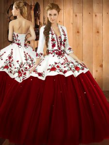 Romantic Sweetheart Sleeveless Lace Up Quince Ball Gowns Wine Red Satin and Tulle