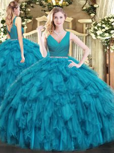 Noble Floor Length Zipper 15th Birthday Dress Teal for Military Ball and Sweet 16 and Quinceanera with Beading and Ruffles