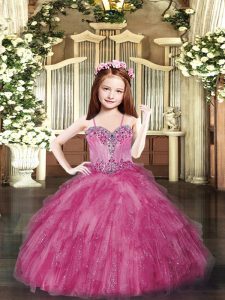 Best Hot Pink Spaghetti Straps Neckline Beading and Ruffles Child Pageant Dress Sleeveless Lace Up