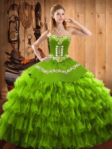 Fine Sweetheart Sleeveless Satin and Organza Ball Gown Prom Dress Embroidery and Ruffled Layers Lace Up