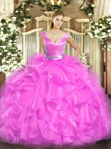 Spectacular V-neck Sleeveless Tulle Quinceanera Gown Beading and Ruffles Zipper