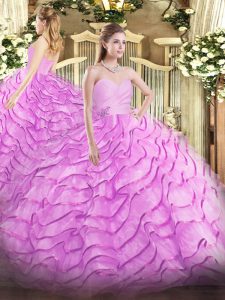 Stunning Lilac Lace Up Quinceanera Dress Beading and Ruffled Layers Sleeveless Brush Train