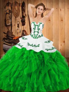 Best Floor Length Green Sweet 16 Dresses Satin and Organza Sleeveless Embroidery and Ruffles