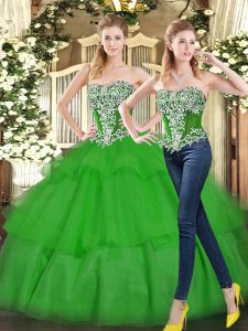 Spectacular Green Tulle Lace Up Quince Ball Gowns Sleeveless Floor Length Beading and Ruffled Layers