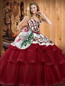 Eye-catching Wine Red Ball Gowns Organza Sweetheart Sleeveless Embroidery Lace Up Quinceanera Gowns Sweep Train