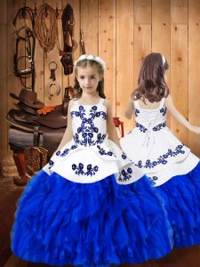 Royal Blue Child Pageant Dress Sweet 16 and Quinceanera with Embroidery and Ruffles Straps Sleeveless Lace Up