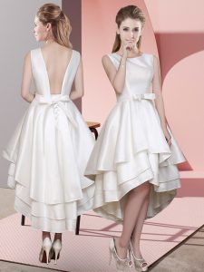 Excellent White Satin Lace Up Scoop Sleeveless High Low Quinceanera Court of Honor Dress Ruffled Layers