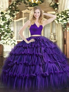 Two Pieces Sweet 16 Dresses Purple Halter Top Organza Sleeveless Floor Length Zipper