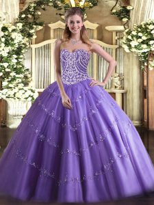 Designer Lavender Tulle Lace Up Quince Ball Gowns Sleeveless Floor Length Beading