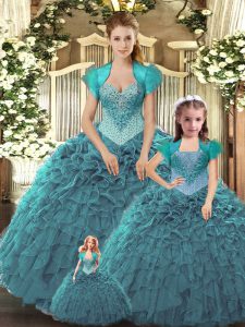 Teal Straps Lace Up Beading and Ruffles Quinceanera Gowns Sleeveless