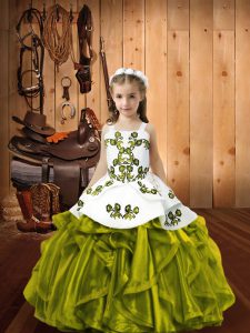 Olive Green Sleeveless Embroidery and Ruffles Floor Length Child Pageant Dress