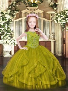 Excellent Olive Green Sleeveless Beading and Ruffles Floor Length Pageant Dress Wholesale