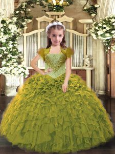 Adorable Olive Green Ball Gowns Organza Straps Sleeveless Beading and Ruffles Floor Length Lace Up Child Pageant Dress