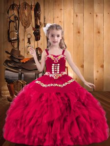 On Sale Coral Red Straps Neckline Embroidery and Ruffles Little Girls Pageant Dress Wholesale Sleeveless Lace Up