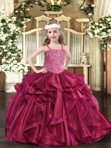 Fuchsia Sleeveless Floor Length Beading and Ruffles Lace Up Little Girls Pageant Dress Wholesale