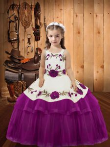 Sleeveless Floor Length Embroidery and Ruffled Layers Lace Up Little Girl Pageant Gowns with Fuchsia
