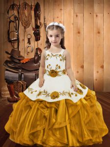 Simple Straps Sleeveless Zipper Little Girl Pageant Gowns Gold Organza