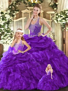 Nice Sleeveless Organza Floor Length Lace Up Quince Ball Gowns in Purple with Beading and Ruffles