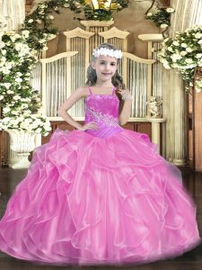 Rose Pink Sleeveless Floor Length Beading Lace Up Child Pageant Dress