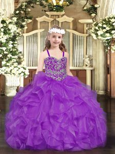 Amazing Sleeveless Organza Floor Length Lace Up Little Girls Pageant Dress in Purple with Beading and Ruffles