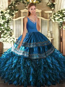 Organza V-neck Sleeveless Backless Beading and Appliques and Ruffles Vestidos de Quinceanera in Blue