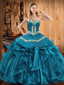 Organza Sweetheart Sleeveless Lace Up Embroidery and Ruffles Sweet 16 Dresses in Teal