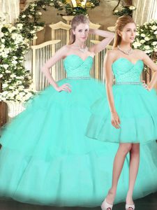 Sleeveless Tulle Floor Length Lace Up Quinceanera Gown in Aqua Blue with Ruching