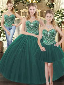 Sweetheart Sleeveless Quinceanera Gown Floor Length Beading Dark Green Tulle