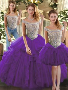 Fantastic Purple Sleeveless Organza Lace Up Sweet 16 Dress for Military Ball and Sweet 16 and Quinceanera