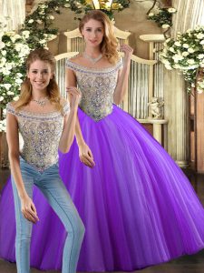 Sleeveless Tulle Floor Length Lace Up 15 Quinceanera Dress in Eggplant Purple with Beading