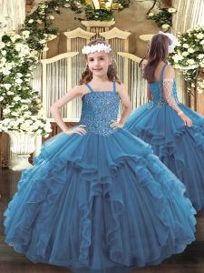 Teal Little Girl Pageant Gowns Party and Quinceanera with Beading and Ruffles Straps Sleeveless Lace Up