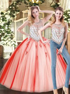 Sexy Red Zipper Scoop Beading Ball Gown Prom Dress Tulle Sleeveless