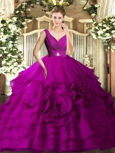 Low Price Fuchsia Backless Ball Gown Prom Dress Beading and Ruffles Sleeveless Floor Length