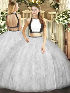 Two Pieces Sweet 16 Dress White Halter Top Tulle Sleeveless Floor Length Backless