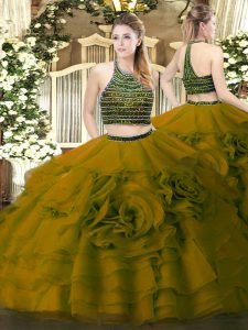 Amazing Olive Green Zipper Halter Top Beading and Ruffled Layers Sweet 16 Dresses Tulle Sleeveless