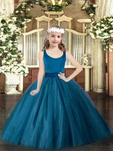Teal Sleeveless Floor Length Beading Zipper Little Girl Pageant Dress