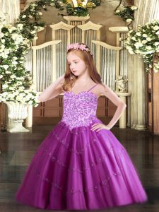 Sleeveless Tulle Floor Length Lace Up Little Girl Pageant Dress in Fuchsia with Appliques
