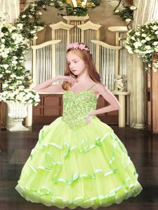 Great Ball Gowns Glitz Pageant Dress Yellow Green Spaghetti Straps Organza Sleeveless Floor Length Lace Up