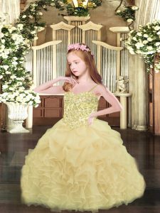 Champagne Ball Gowns Spaghetti Straps Sleeveless Organza Asymmetrical Lace Up Appliques and Ruffles and Pick Ups Kids Pageant Dress