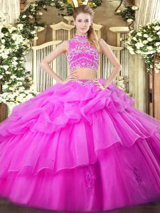 Hot Selling High-neck Sleeveless Quince Ball Gowns Floor Length Beading and Ruffles and Pick Ups Lilac Tulle